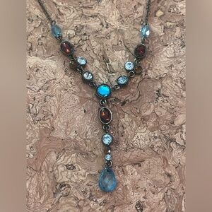Nina Ricci Blue Amber Lariat Style Silver Tone Necklace